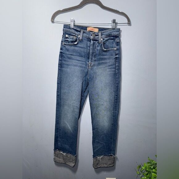 7 for all Mankind Luxe Vintage Plaid Cuffed Straight Jeans size 25 EUC holiday - Picture 1 of 10